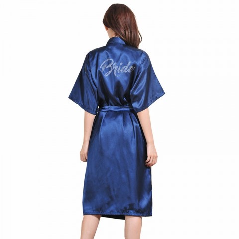 Hot Drilling Tied Waist Silk Bride Robe with Pockets