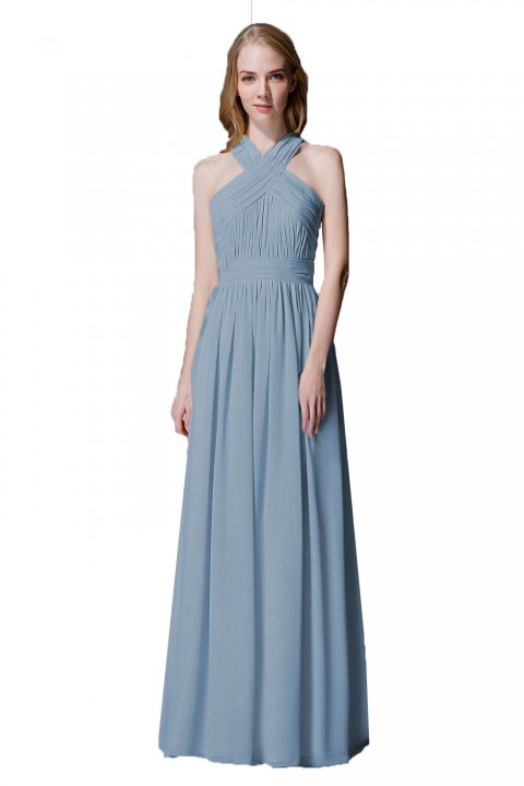 Criss-cross Halter Pleated Chiffon Bridesmaid Dress with Cross-straps Back