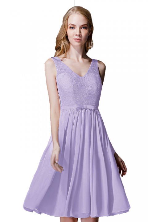 V-Neck Lace Bodice Straps Detail Back Short Bridesmaid Dress with Belt