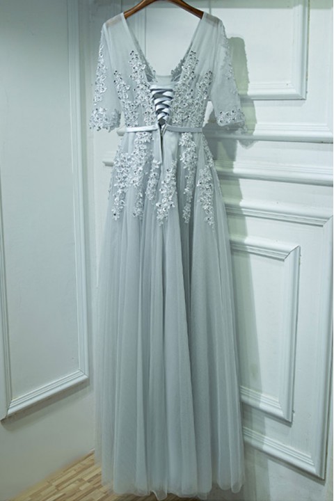 Lace V Neck Corset Back Short Sleeves Bridesmaid Dress 