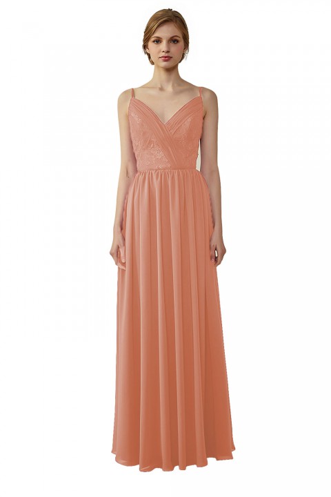 Double Spaghetti Straps Draped Lace Open-back Chiffon Bridesmaid Dress