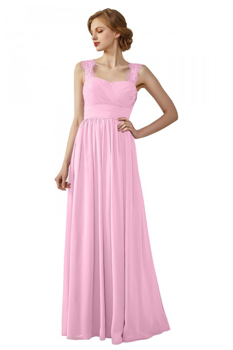 Pleated Long Chiffon Open Back Lace Strap Bridesmaid Dress