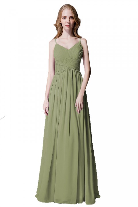 Spaghetti Straps Pleated Chiffon Bridesmaid Dress with Lace Open Back