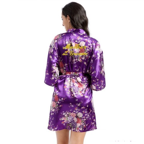 Floral Slogan Printed Tied Waist Silk Mother of the Groom Robe