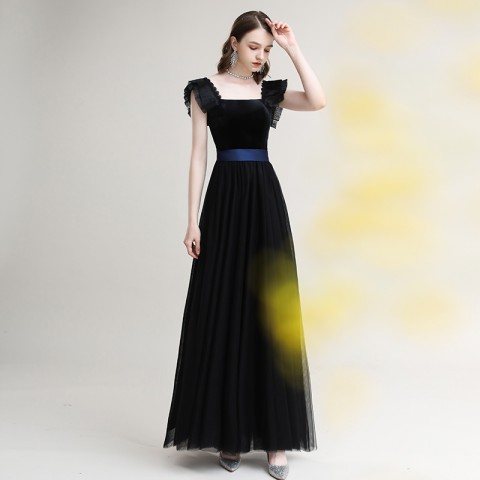 Black Strapless Square-cut Collar Corset Tulle Skirt Velvet Party Dress