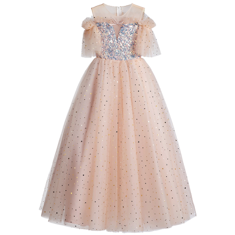 Light Pink Cold Shoulder Short Sleeves Sequins Star Pattern Shiny Tulle Skirt Girls Pageant Dress