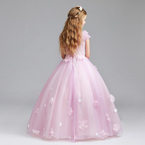 Sleeveless Round Neck Lace Embroidery Flowers Shape Decor Tulle Skirt Girls Pageant Dresses