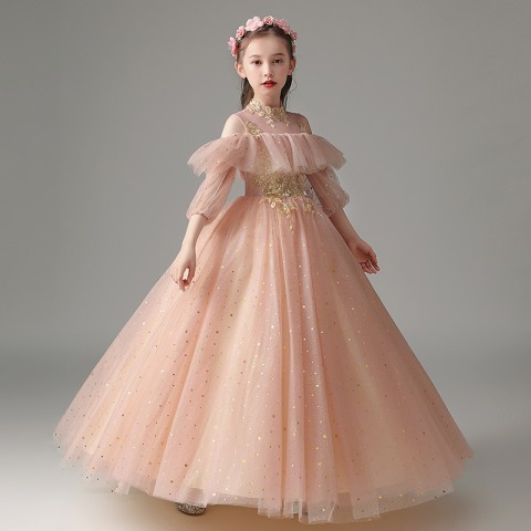 Coral Pink High Neck Cold Shoulder Flounce Sequin Flower Decor Shiny Tulle Skirt Girls Pageant Dress