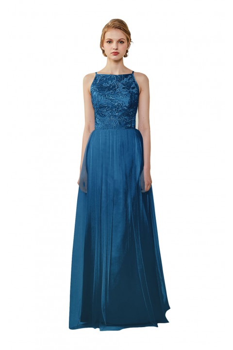 Tulle Lace Illusion Boatneck and Back Bridesmaid Dress with Keyhole 