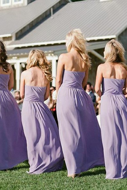 Criss Pleated Bodice Sweetheart Chiffon Bridesmaid Dress Long