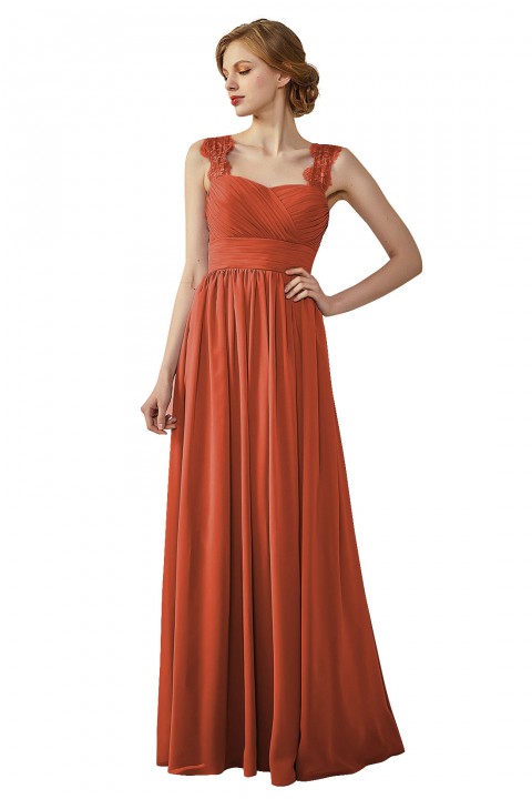 Pleated Long Chiffon Open Back Lace Strap Bridesmaid Dress