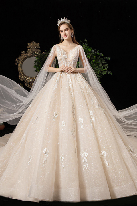2021 New Brilliant Deep V Neck Sleeveless Tulle Wedding Dress With Long Train
