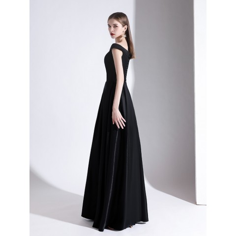 Black Off Shoulder Sleeveless Floor-length Skirt Velvet Party Dress