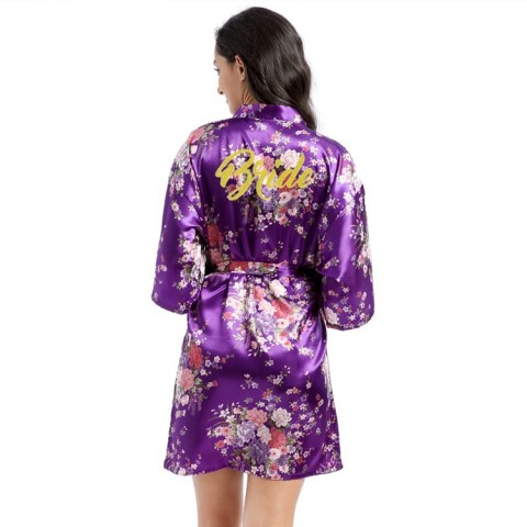 Floral Slogan Printed Tied Waist Silk Bride Robe