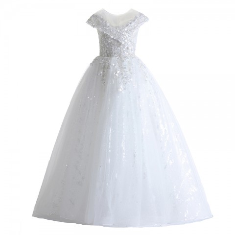 White Round Neck Short Sleeves Sequin & Bead Decor Shiny Floral Tulle Skirt Girls Pageant Dress