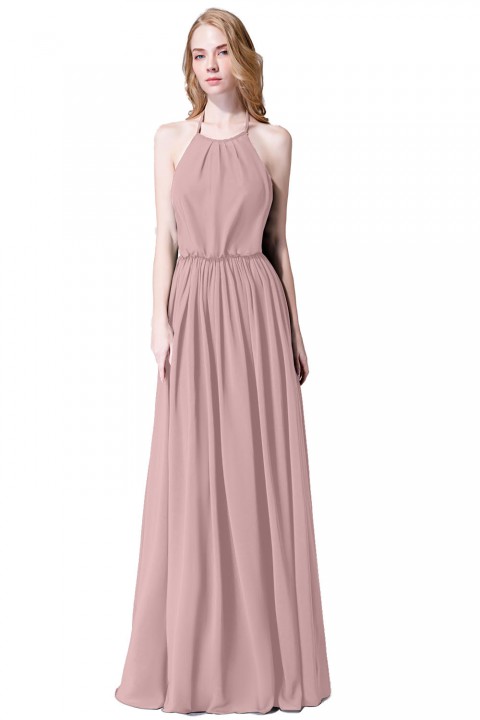 Halter Spaghetti Strap Open Back Chiffon Bridesmaid Dress with Sash