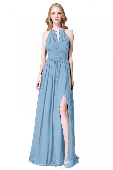 High-Neck with Keyhole Halter Tie Back Chiffon Bridesmaid Dress 