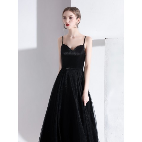 Black V-Neck Spaghetti Straps Satin&Tulle Skirt Party Dress