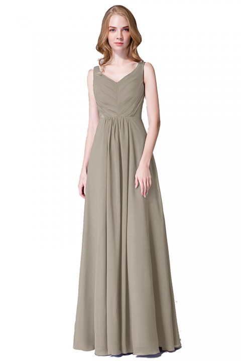 Elegant V-Back Chiffon Tank Bridesmaid Dress with Mesh Lace Inset