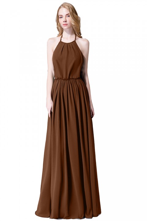 Halter Spaghetti Strap Open Back Chiffon Bridesmaid Dress with Sash