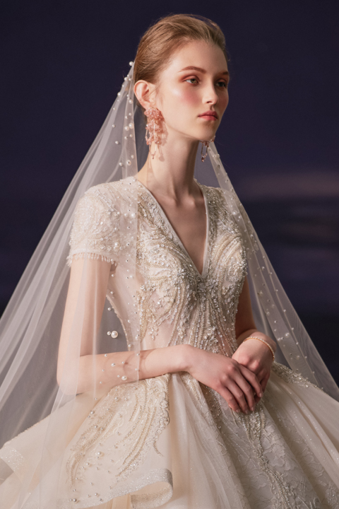 2021 Super Luxury Short Sleeves Beaded Tulle Wedding Dress With Long Train