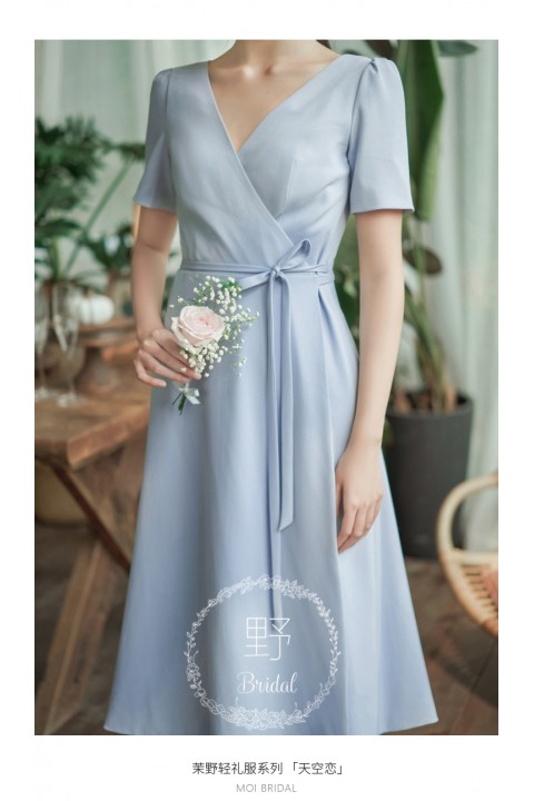 Crystal Blue V Neck Short Sleeves Wrap Belted High Waist Chiffon Bridesmaid Dress