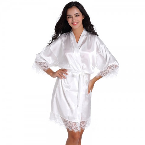 Hot Drilling Lace Crochet Silk Bride Robe with Tied Waist