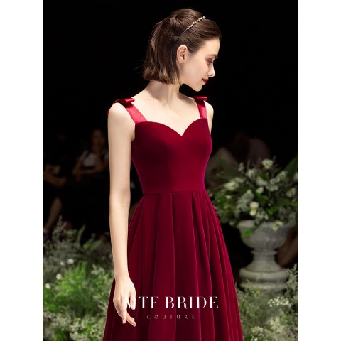 Burgundy Bowknot Decor Straps Velvet Party Dress