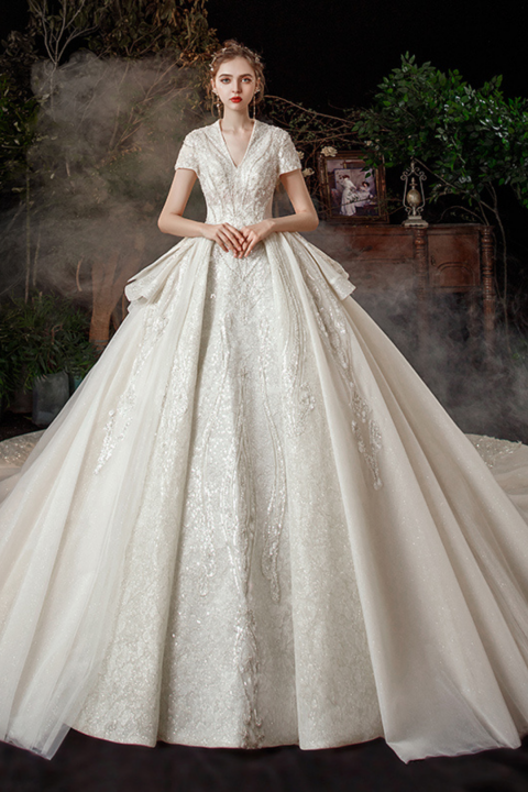 2021 New Short Sleeves Beads Decor Tulle Wedding Dress With Long Train