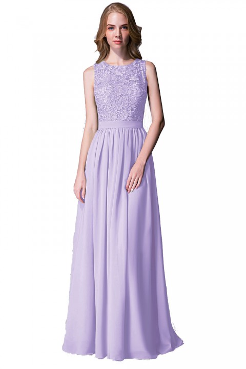 Lace Upper Bodice Illusion Scoop Neck Chiffon Bridesmaid Dress Sleeveless