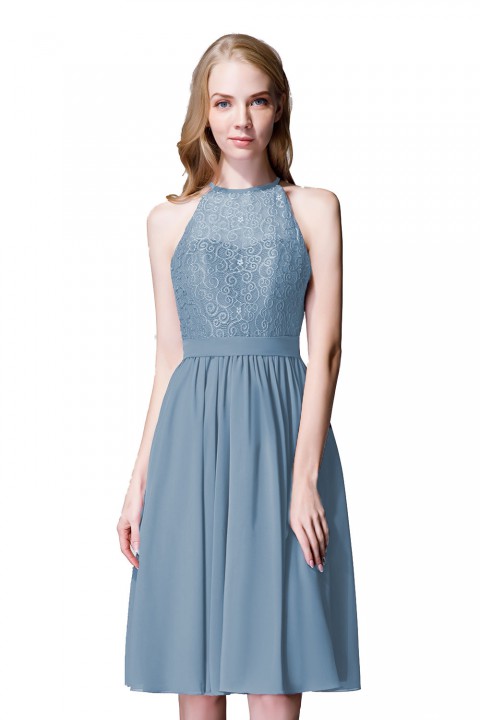 Illusion High Neck Halter Lace Short Bridesmaid Dress with Tie Detail