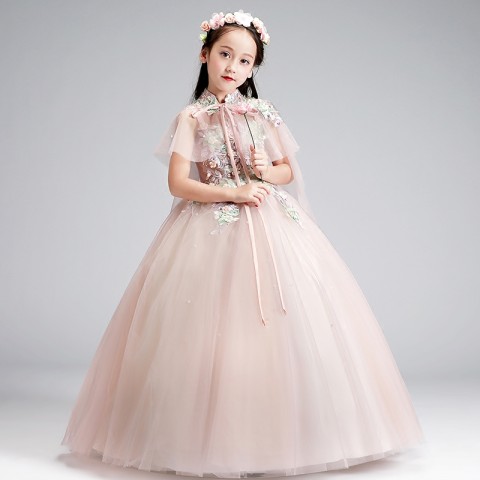 Shawl Sleeveless Flowers Embroidery Beads Decor Tulle Skirt Girls Pageant Dresses