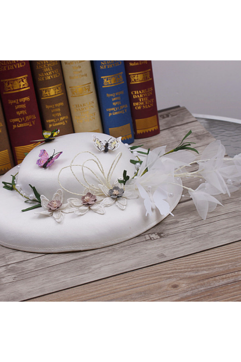 White Handmade Colorful Butterflies Decor Silk Hat 