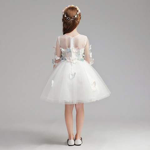Round Neck Long Sleeve Hand-made Butterflies Decor Tulle Skirt Girls Pageant Dresses
