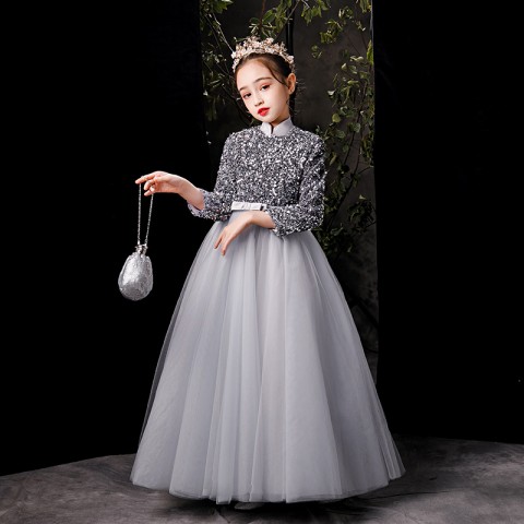 Fancy Grey Sequins Lace Princess Tulle Skirt Flower Girl Dresses 