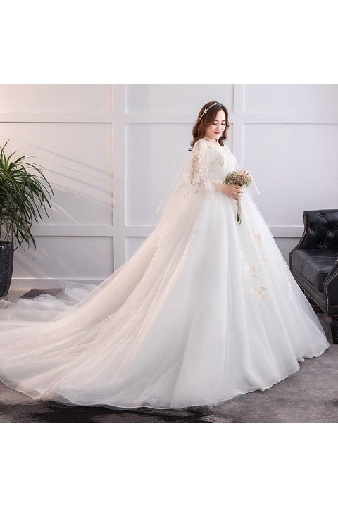 Plus Size 2021 Round Neck Trumpet Sleeves Sequined Decor Embroidered Flower Tulle Wedding Dress With Long Train