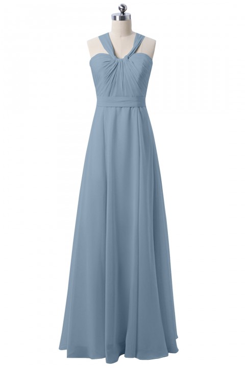 Halter Neck Ruched Bodice Chiffon A-line Bridesmaid Dress with Cutout Back