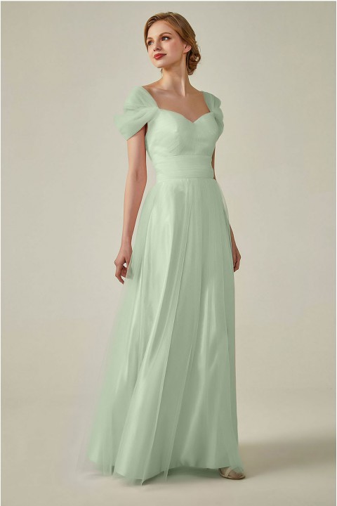 Sweetheart Neckline Cold Shoulder Long V back Tulle Bridesmaid Dress