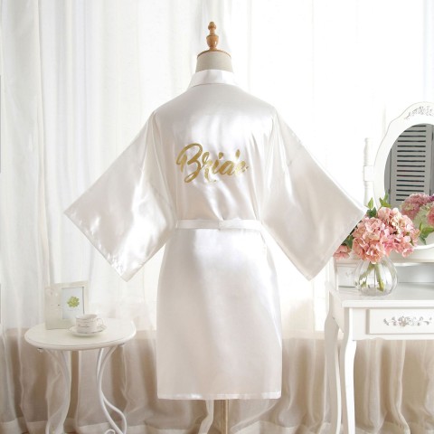 Slogan Printed Tied Waist Silk Bride Robe