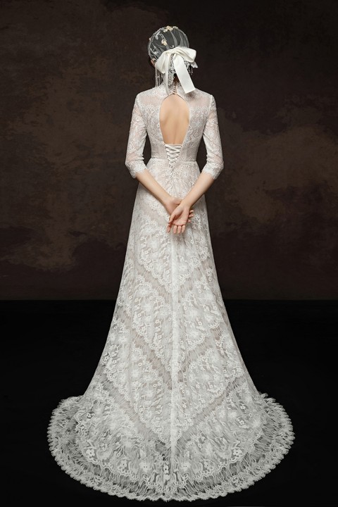 Cutout Corset Back 3/4 Sleeve Two in One Lace Wedding Dress with Detachable Tulle Overskirt