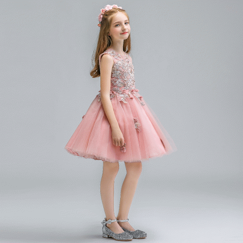Round Neck Sleeveless Beads Embroidery Decor Tulle Skirt Girls Pageant Dresses