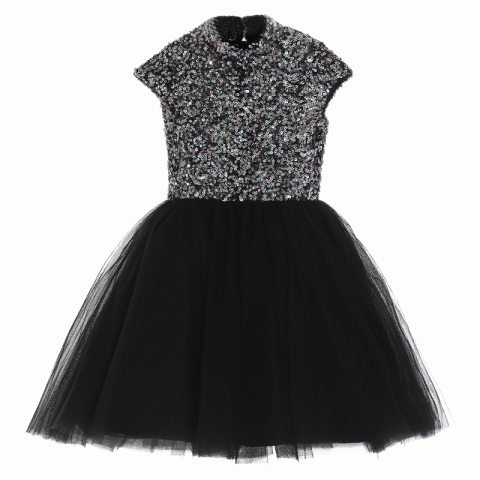 Black High Collar Sleeveless Sequins Fulfilled Decor Tulle Skirt Girls Pagent Dresses
