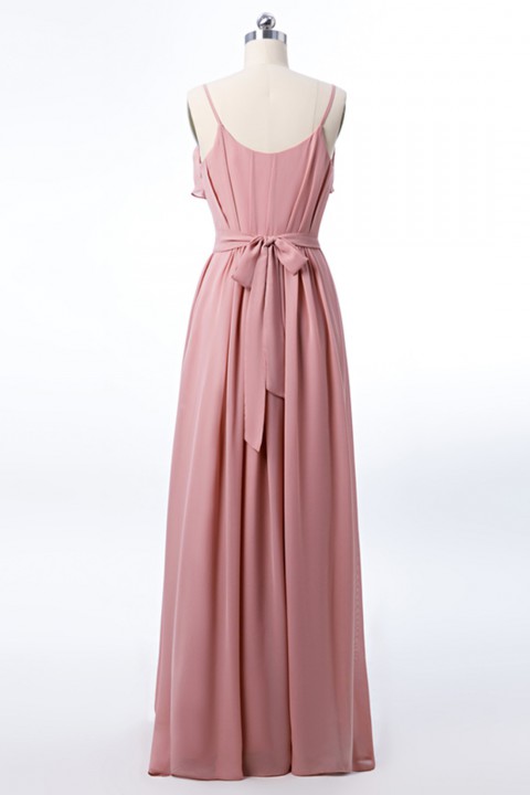 Spaghetti Straps Scoop Back Ruffled Chiffon Bridesmaid Dress with Sash