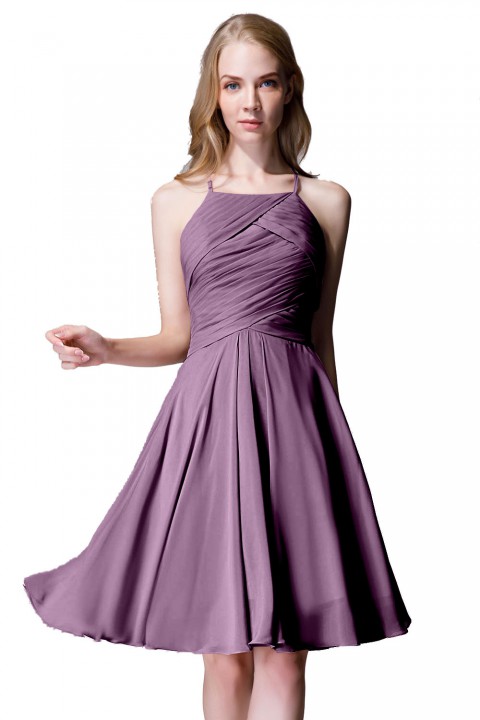 Elegant Halter Tea Length Pleated Chiffon Bridesmaid Dress with Tie Back