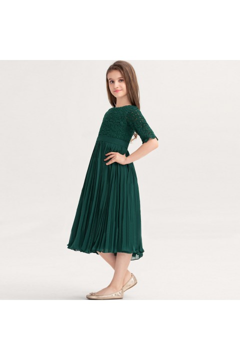 Lace Round Neck Short Sleeve Chiffon Skirt Junior Bridesmaid Dresses