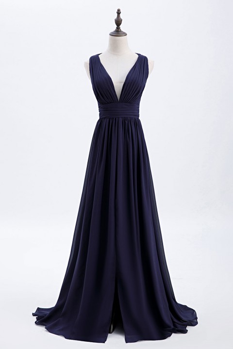 Sexy Deep V-Neck Plunging Silt Bridesmaid Dress with Keyhole Back