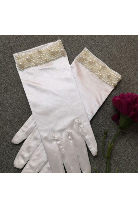 Vintage White Pearl Decor Satin Wedding  Bridal Gloves