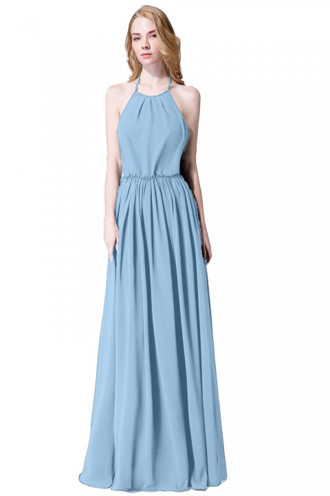 Halter Spaghetti Strap Open Back Chiffon Bridesmaid Dress with Sash