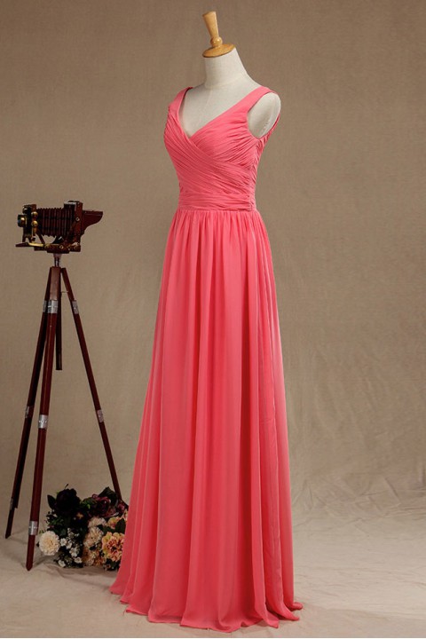 Sexy Tank V Neck & Back Pleated Chiffon Bridesmaid Dress Long