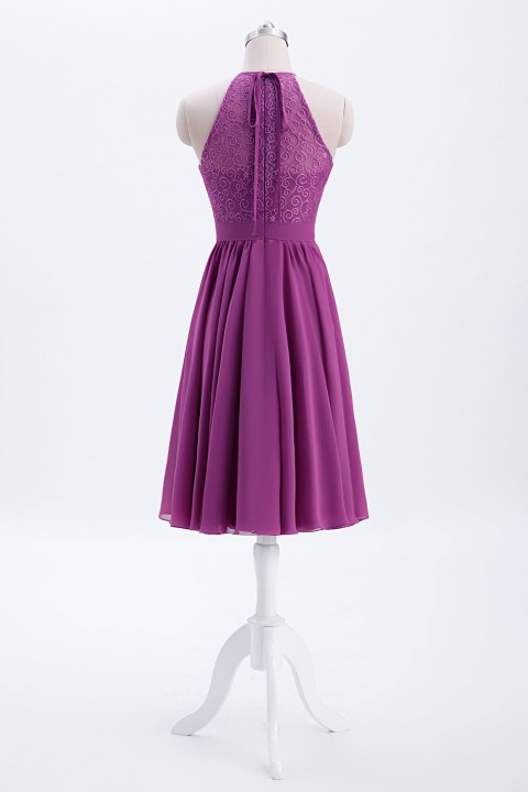 Illusion High Neck Halter Lace Short Bridesmaid Dress with Tie Detail